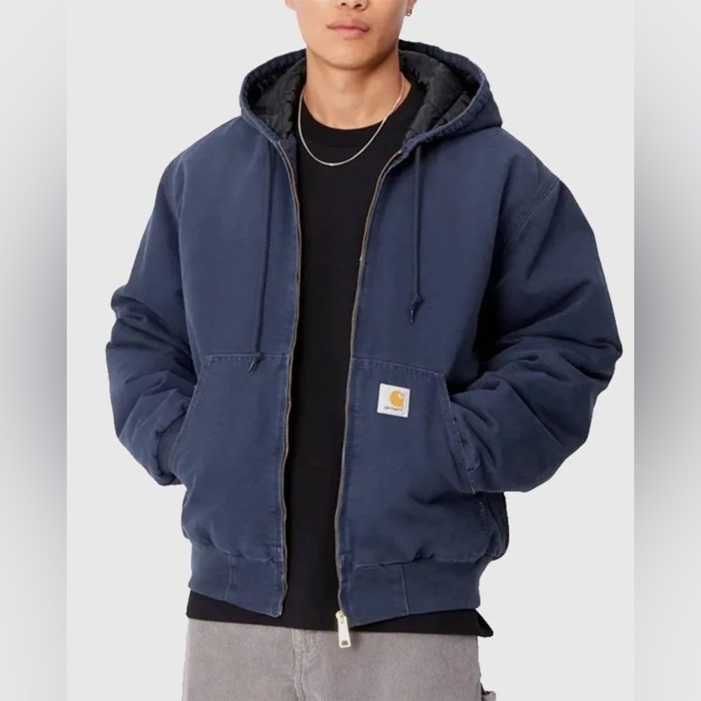 Carhartt J130 Navy Hooded Duck Jacket Size L Loose Fit Quilted  Zip Up Coat
